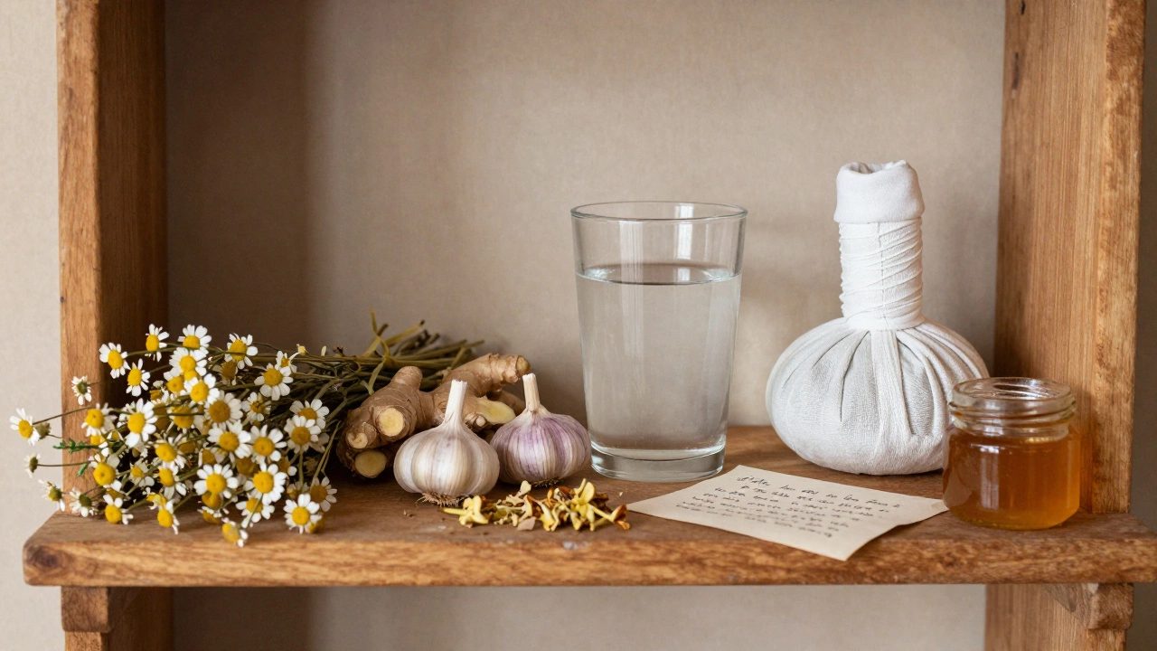 На деревянной полке выставлены сушёные травы, мёд и солевой раствор для промывания носа.