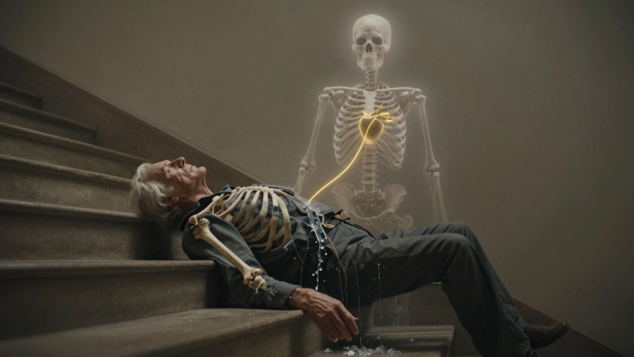 Пожилой человек падает, а кальций уходит из костей, оставляя тень здорового скелета