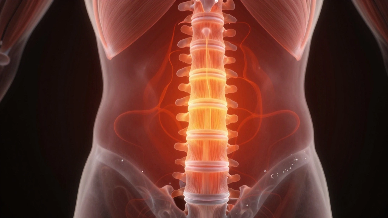 Прозрачное изображение позвоночника с инфракрасным теплом, проникающим в мышцы.