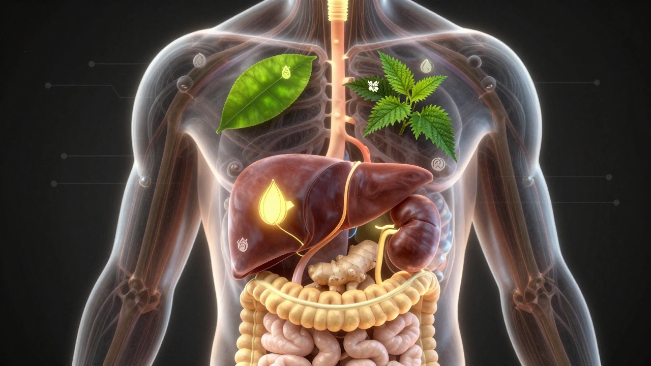 Прозрачное изображение тела с травами, влияющими на метаболизм и печень, в золотистом свете.