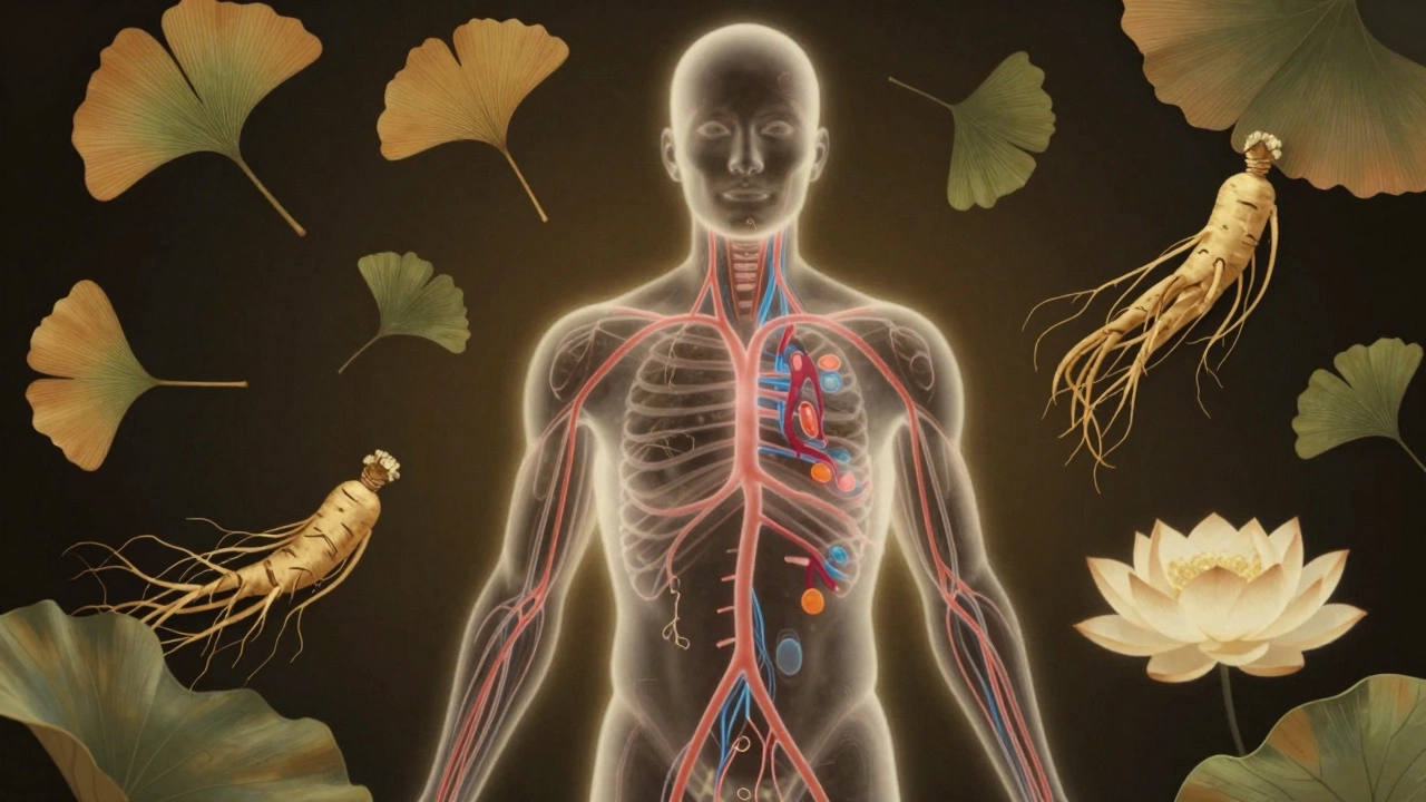 Прозрачный силуэт человека с светящимися кровеносными сосудами, окружённый листьями женьшеня и гинкго