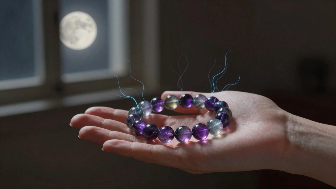 Рука держит браслет из турмалина при лунном свете, вокруг камня — тонкие электрические линии, символизирующие пьезоэлектрический эффект.