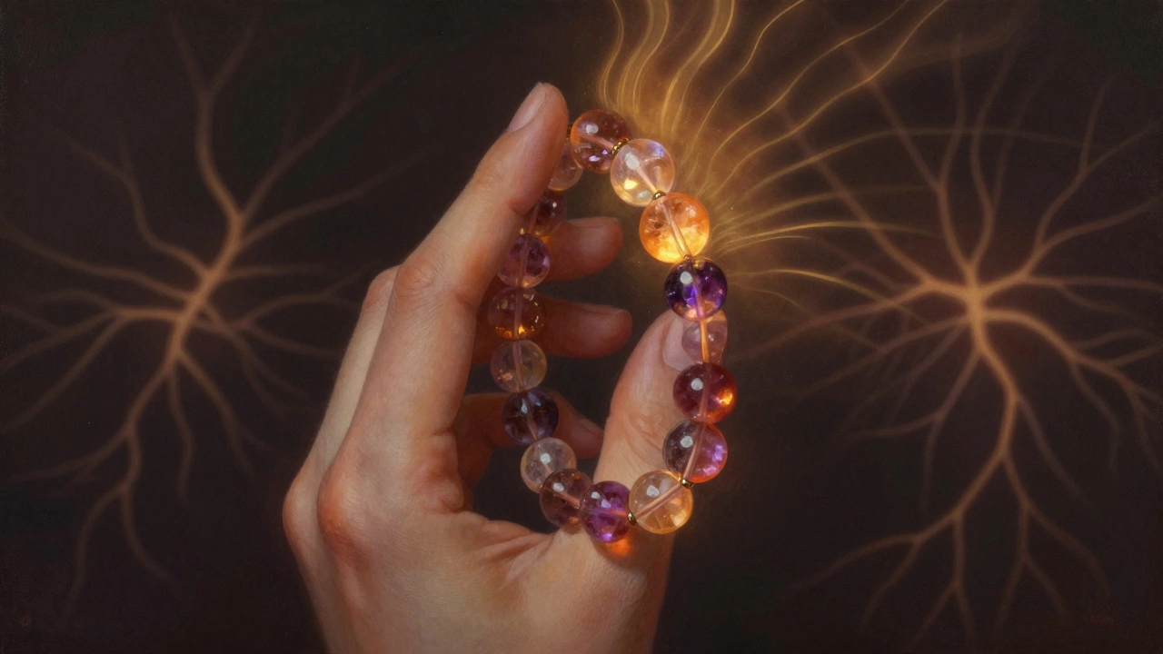 Рука держит браслет у виска, из камней исходит тепло.