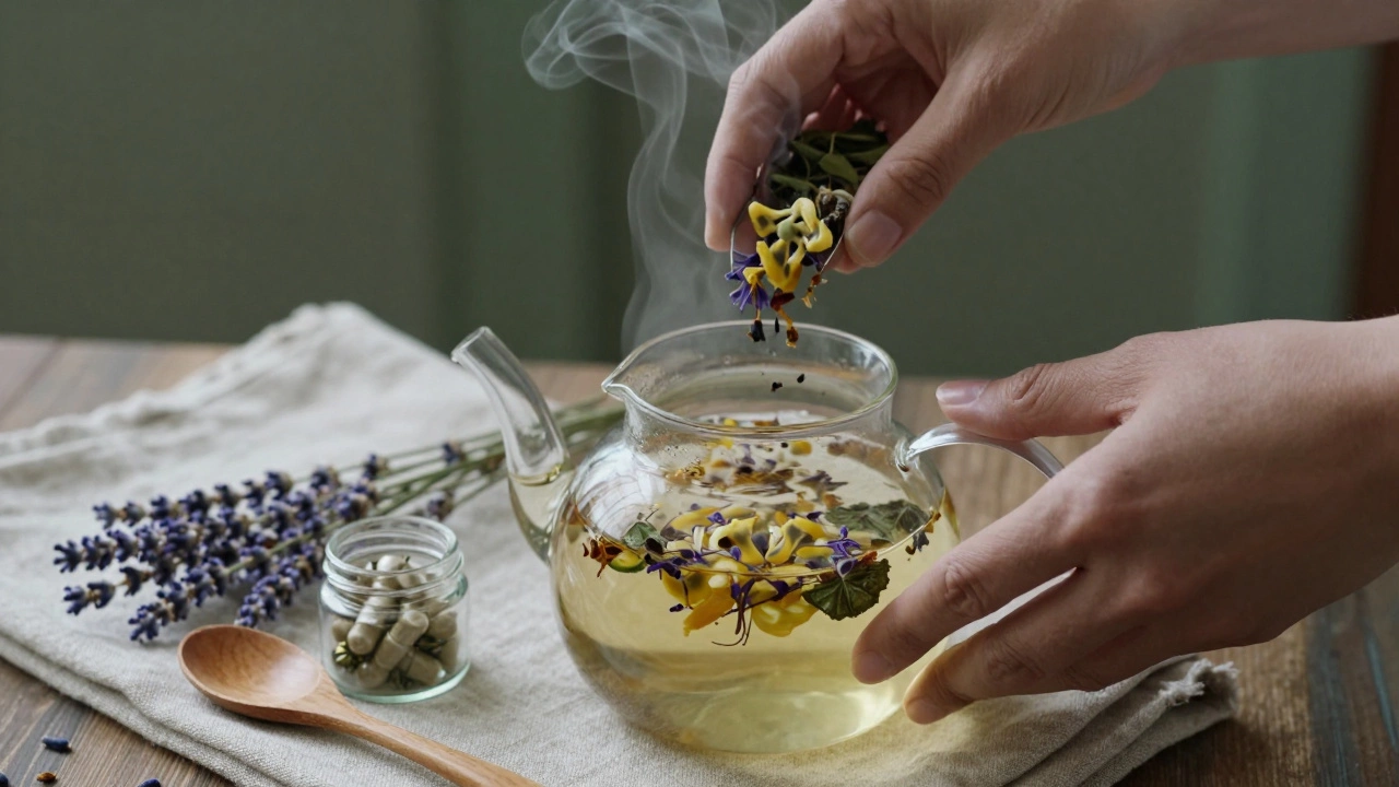 Руки заваривают травяной чай из пассифлоры и мелиссы с капсулами экстракта.