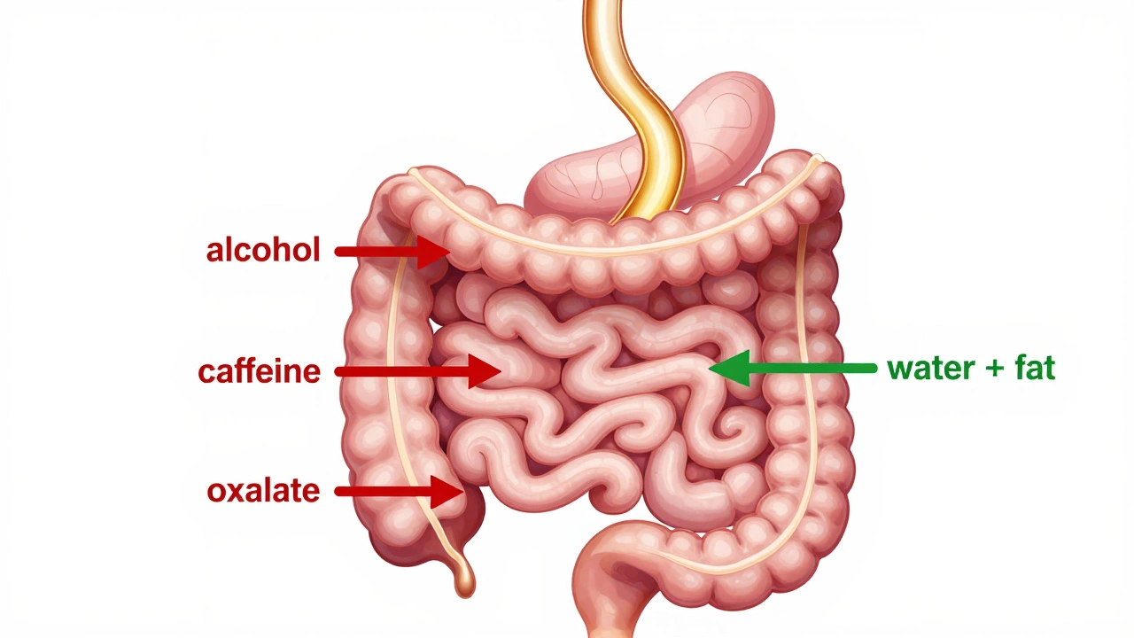 Схема пищеварительной системы: золотой поток витамина Д встречает препятствия от вредных напитков, но свободно проходит с жиром и водой.