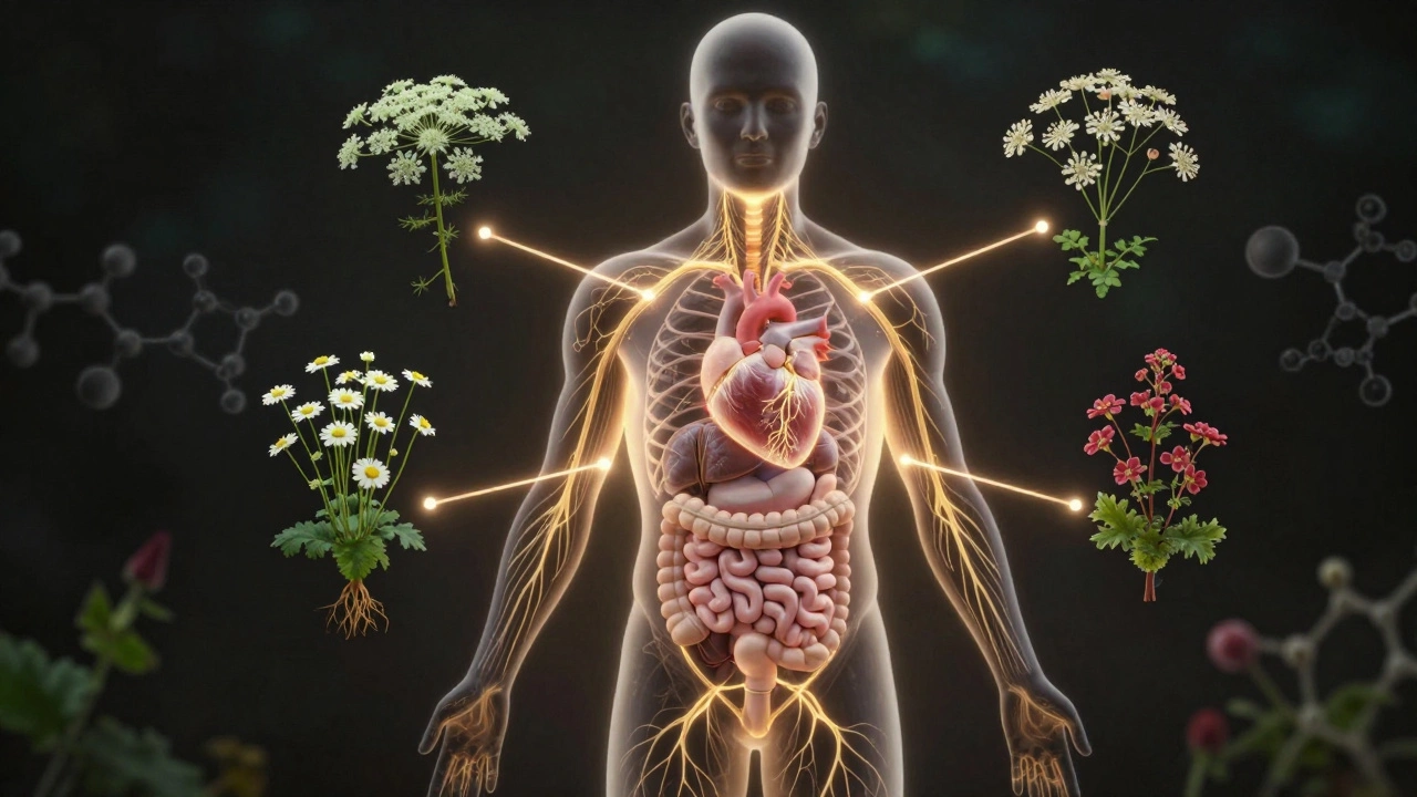 Схема растительных корней, соединенных с органами тела, символизирующая действие фитоактивных веществ.
