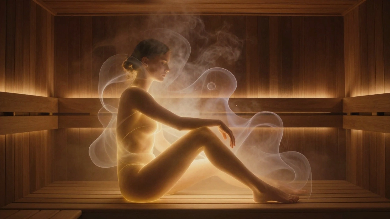 Силуэт человека в парах, тело светится, символизируя очищение и спокойствие.