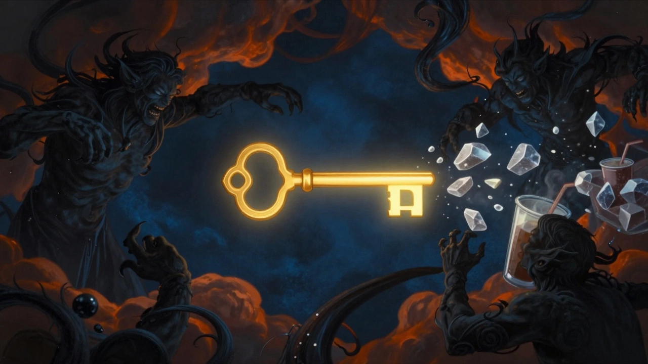 Символическое изображение витамина Д в виде ключа, сражающегося с тёмными силами алкоголя, кофеина и сахара.