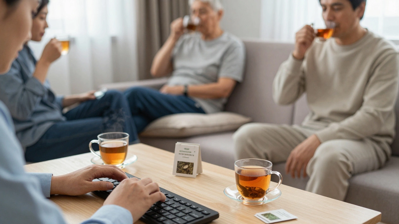 Три человека пьют травяной чай в спокойной обстановке дома, один за компьютером, другой с приподнятыми ногами