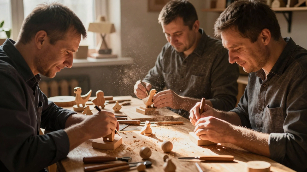 Трое мужчин в мастерской резьбой по дереву делают игрушки, вокруг — опилки и деревянные инструменты.
