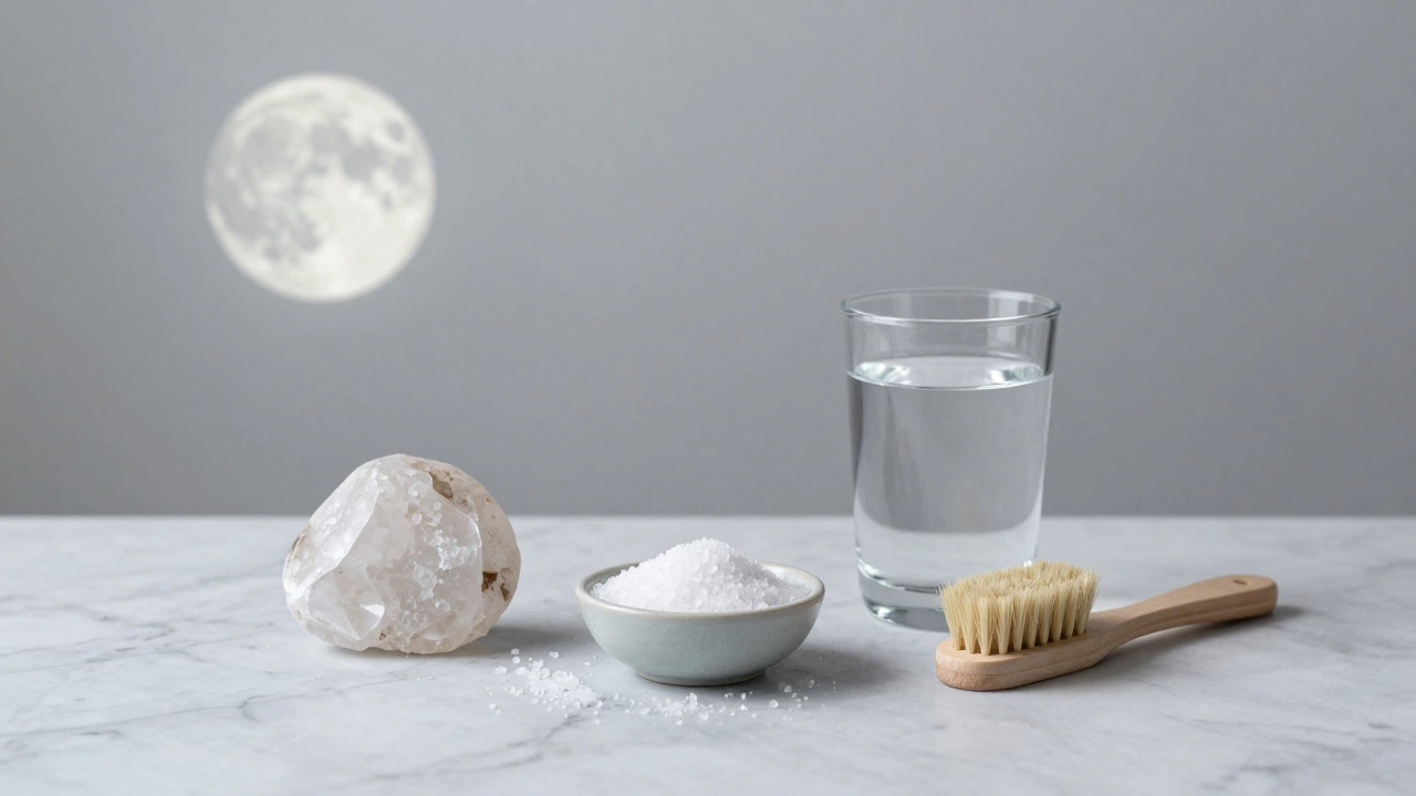 Турмалин рядом с водой, щёткой и солью — научный уход против мистических ритуалов, чистая и спокойная композиция.