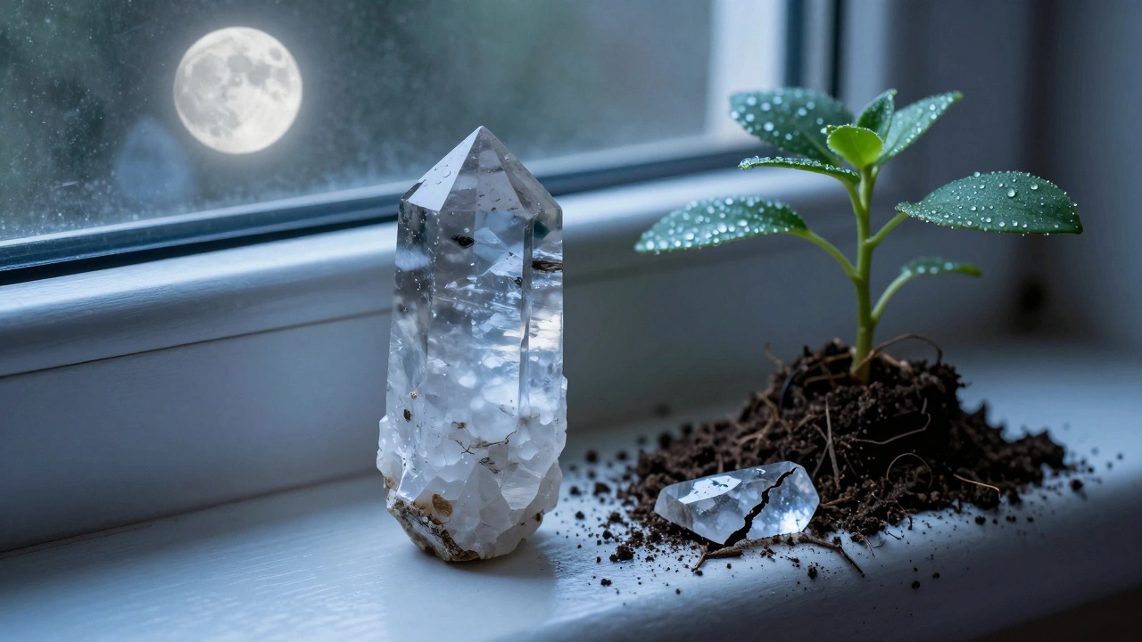 Турмалиновый кристалл на подоконнике под лунным светом, рядом горшок с растением