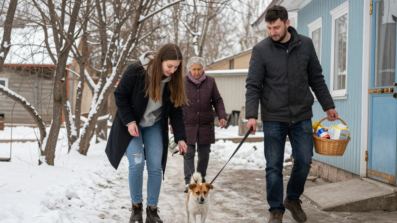 Волонтеры гуляют с собакой в приюте, весенний свет, искреннее спокойствие без сценария.
