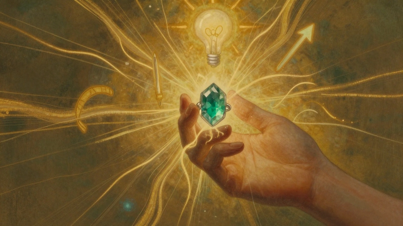 Зеленый турмалиновый кольцо на правой руке с энергетическими линиями, символизирующими фокус