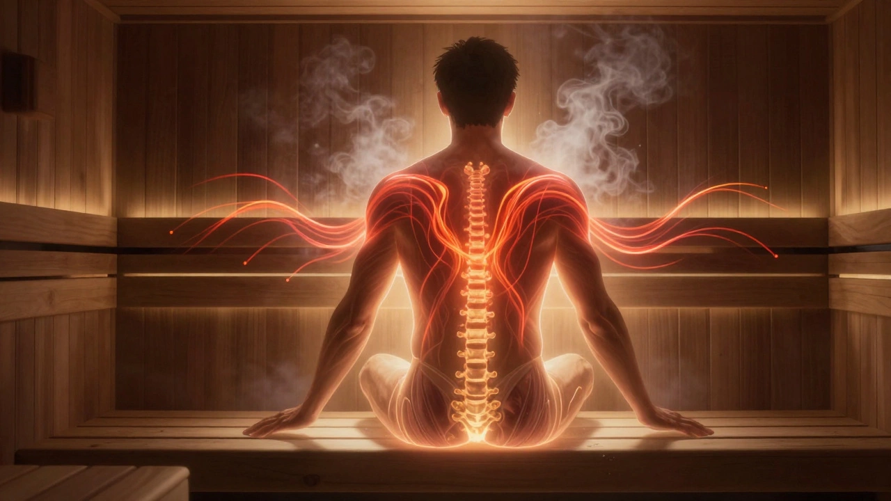 Абстрактное изображение мужского тела в сауне с потоками энергии, символизирующими выведение токсинов.