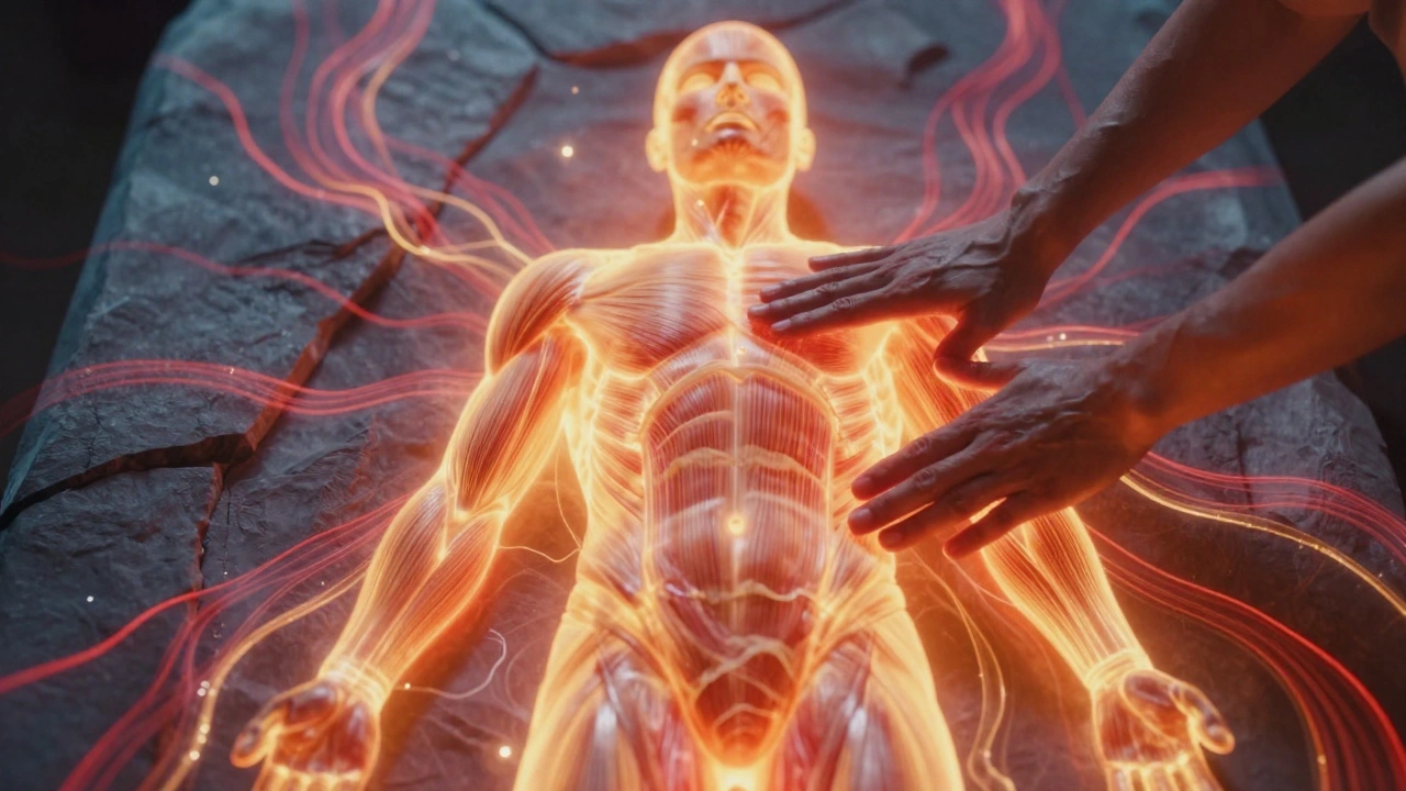 Абстрактное изображение: тепло против давления — камень и руки, воздействующие на мышцы.