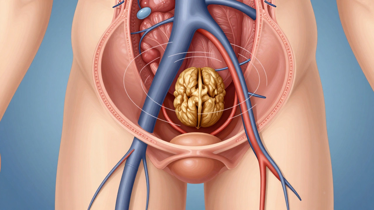 Анатомический рисунок предстательной железы в тазу, с кровеносными сосудами и мягкими линиями массажа.