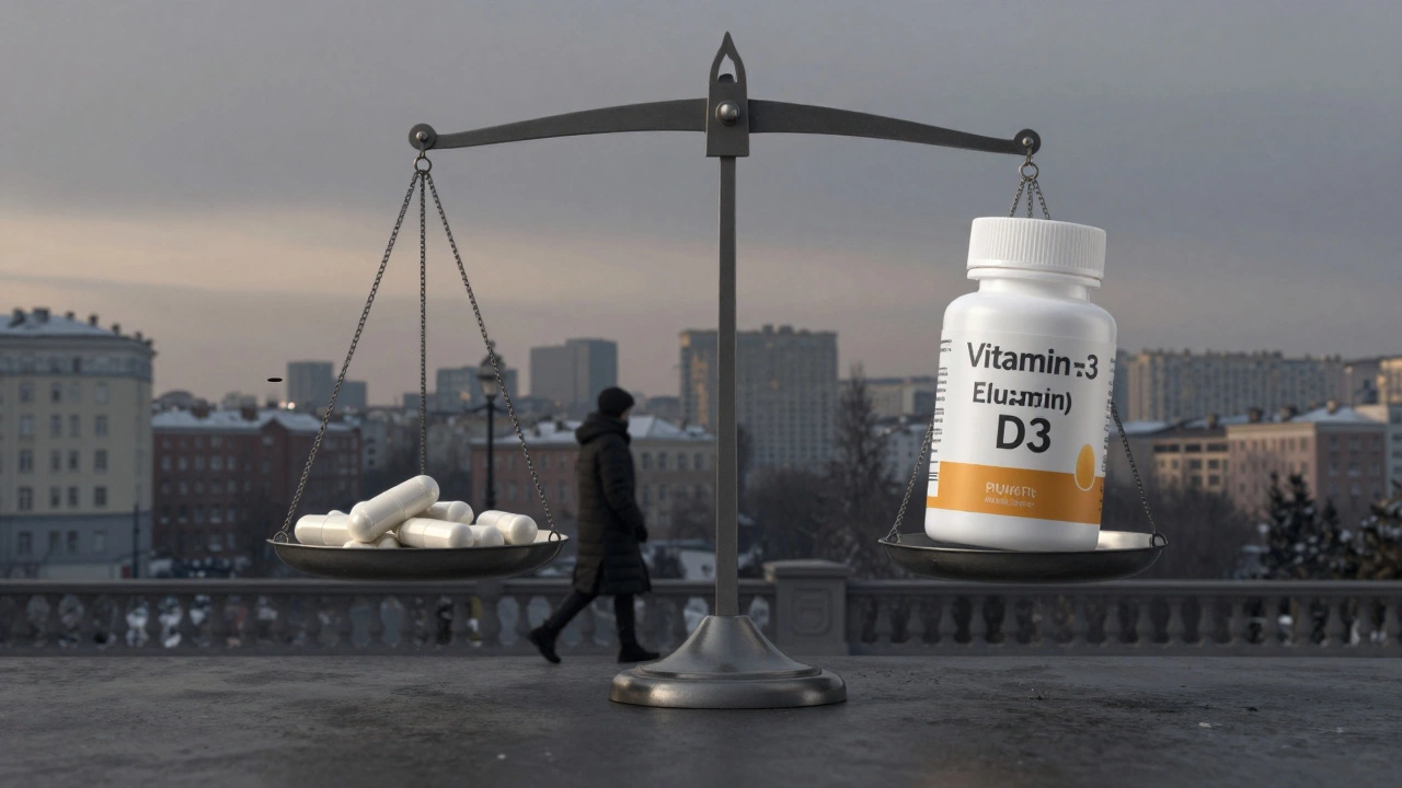 Баланс цинка и витамина D над зимним городом России, человек на улице.