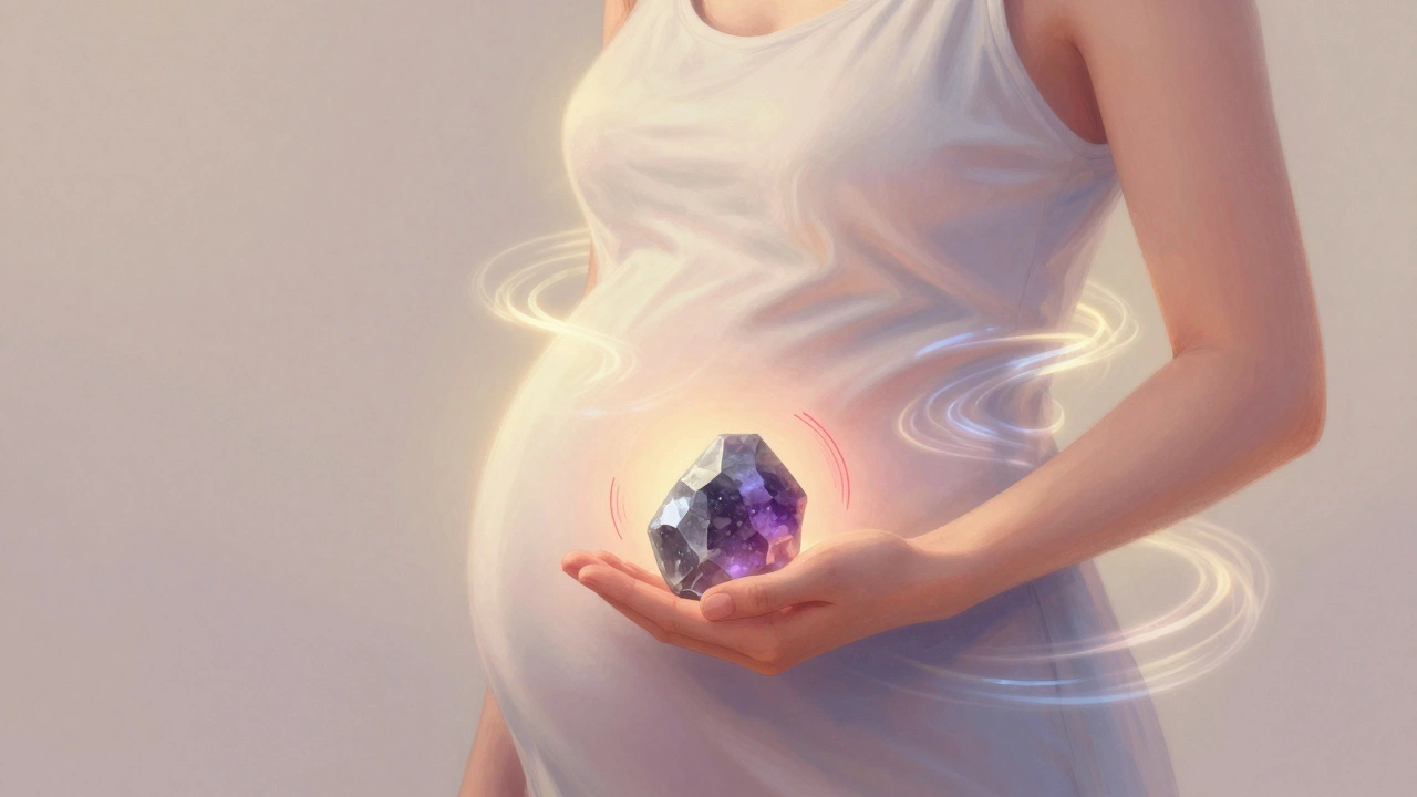 Беременная женщина с турмалином, окруженная электромагнитными полями