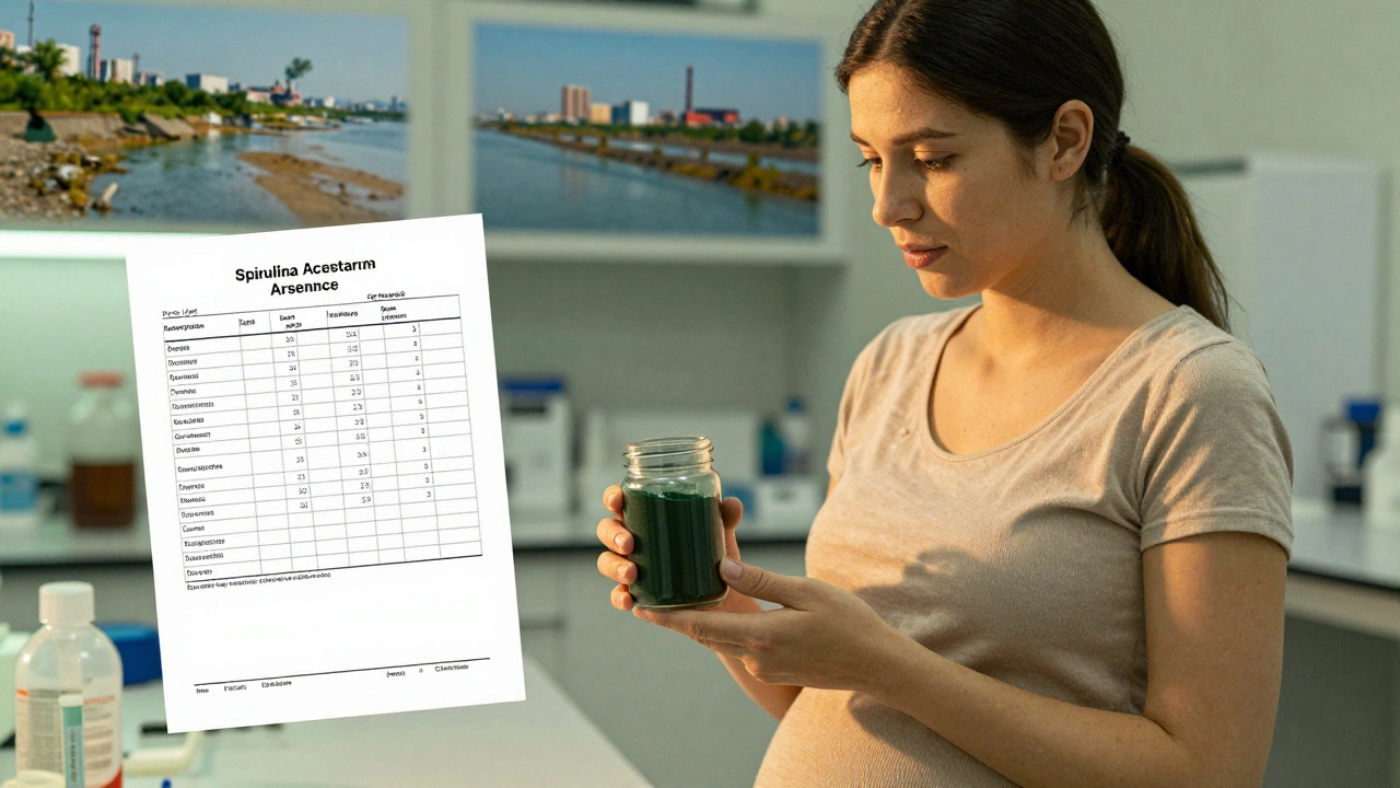 Беременная женщина смотрит на лабораторные анализы с повышенным уровнем свинца в спирулине.