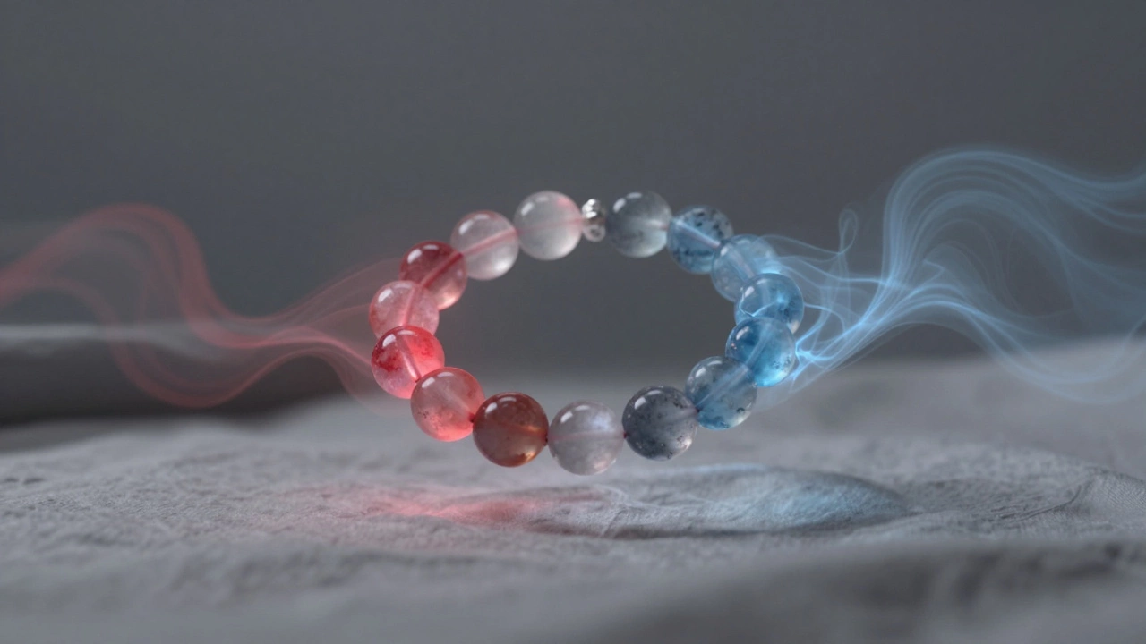 Браслет из турмалина парит над кроватью, окружённый абстрактными волнами энергии — тепла и спокойствия.