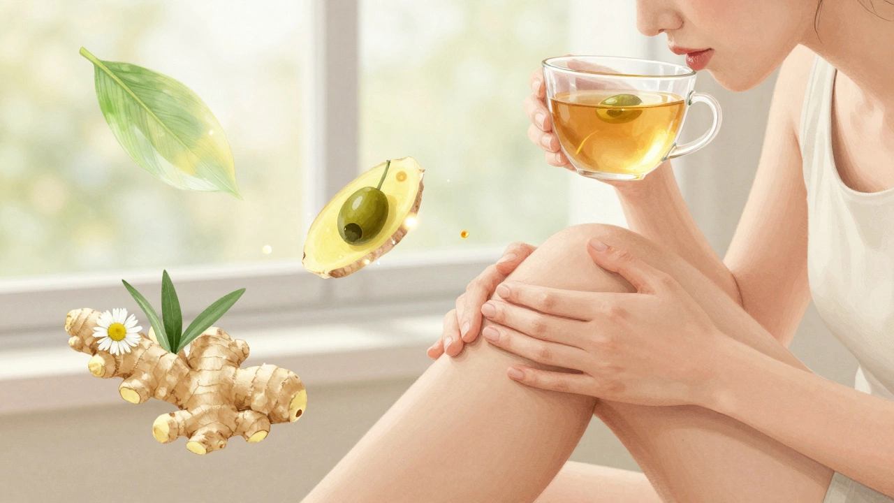 Человек массирует колено, пьет имбирный чай, вокруг него летят листья целебных трав