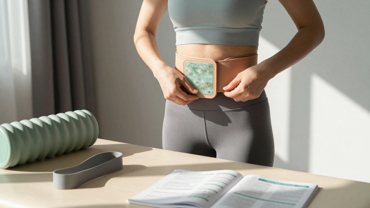 Человек снимает пояс, рядом — тренажеры и книга по физиотерапии, естественный свет