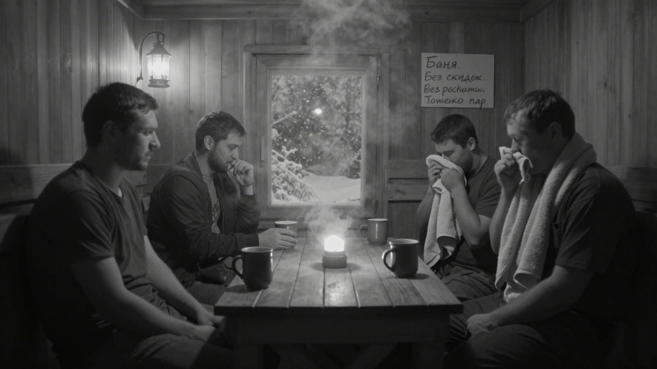Четверо мужчин молчат в парной, дым и свет создают атмосферу тишины и принадлежности.