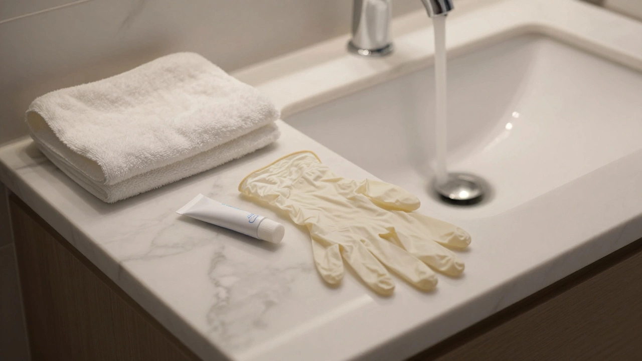 Чистые медицинские перчатки, гель и полотенце на раковине — символ подготовки к гигиенической процедуре.