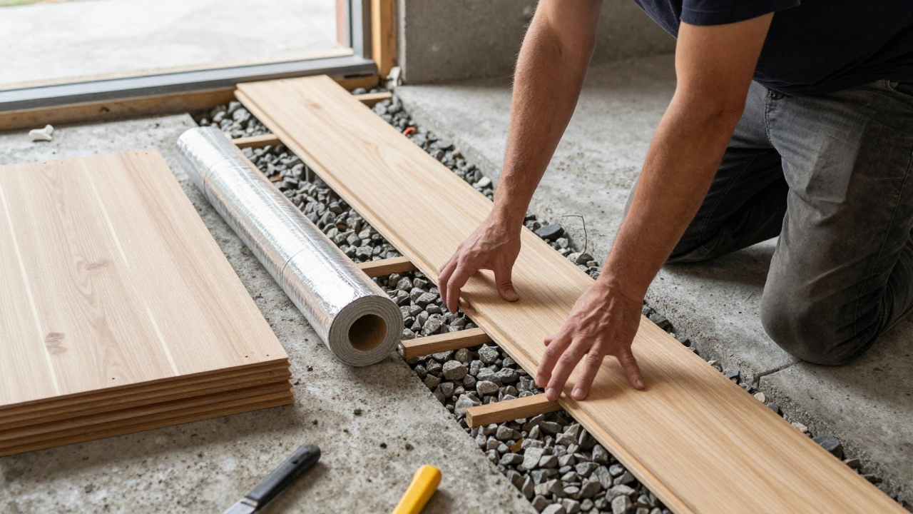 Домашний мастер укладывает лаги пола на гравийную подушку, рядом лежат доски и пароизоляция.