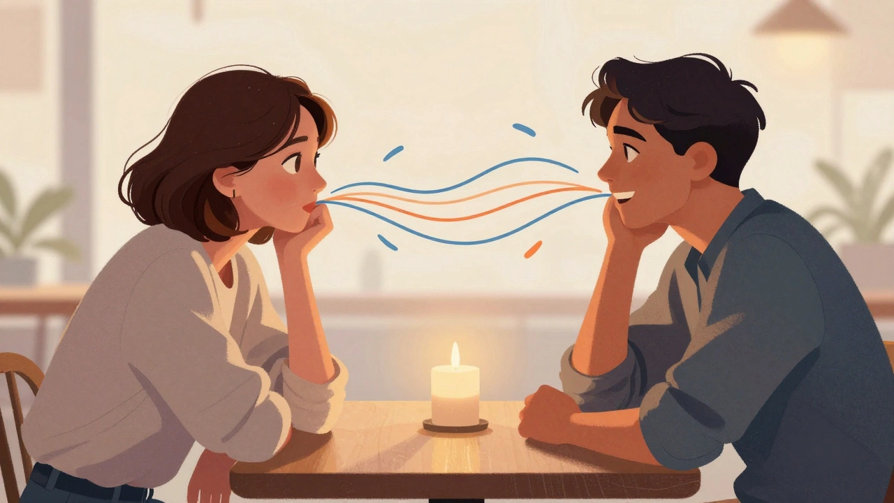 Два человека искренне разговаривают, между ними — ощущение настоящей связи.