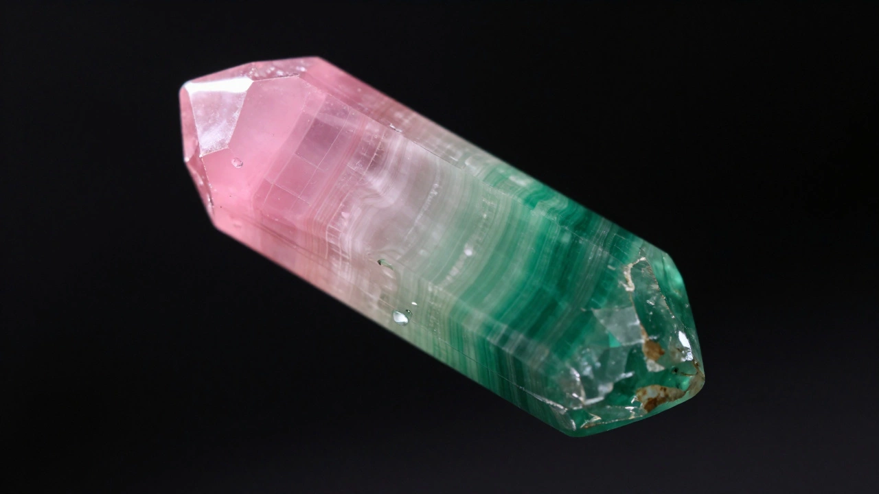 Двухцветный турмалин: розовый переходит в изумрудно-зеленый, видны природные слои кристалла.