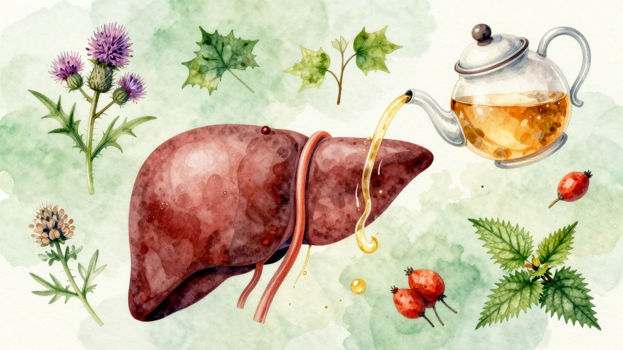 Иллюстрация печени с токами желчи, соединённой с чайником, пускающим травяной настой, в стиле акварели.