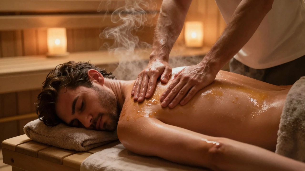 Массажист массирует спину мужчины в сауне, масло блестит на коже, тепло и расслабление.