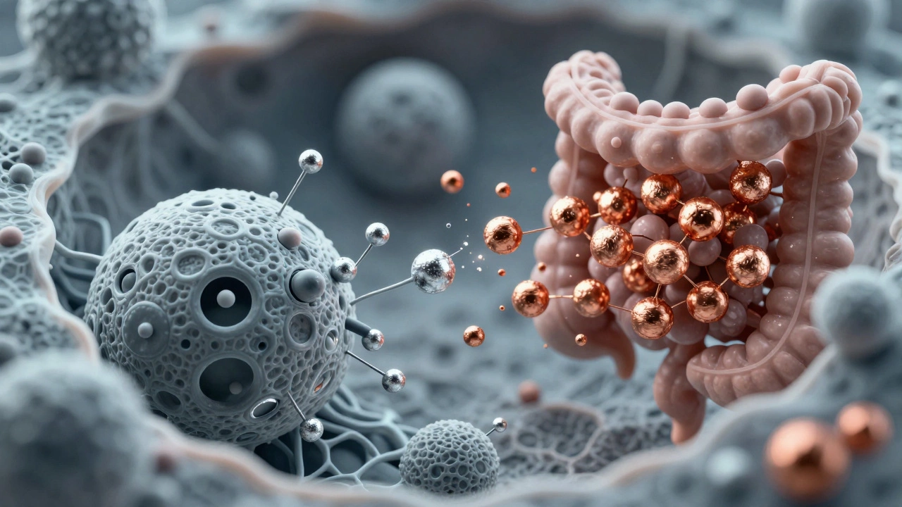 Микроскопический вид кишечных ворсинок с конкурирующими цинком и медью