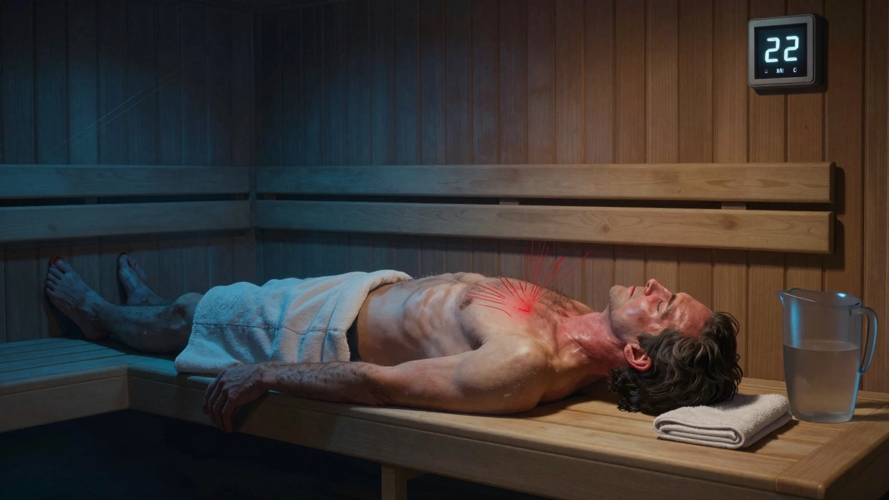 Мужчина без сознания на деревянной скамье в сауне, таймер показывает 22 минуты, холодный свет у двери.