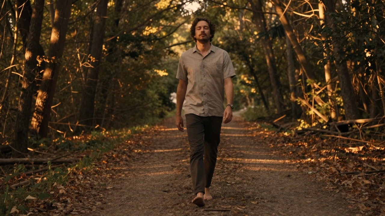 Мужчина идет босиком по лесной тропе на закате, глаза закрыты, без телефонов, мягкий свет деревьев.