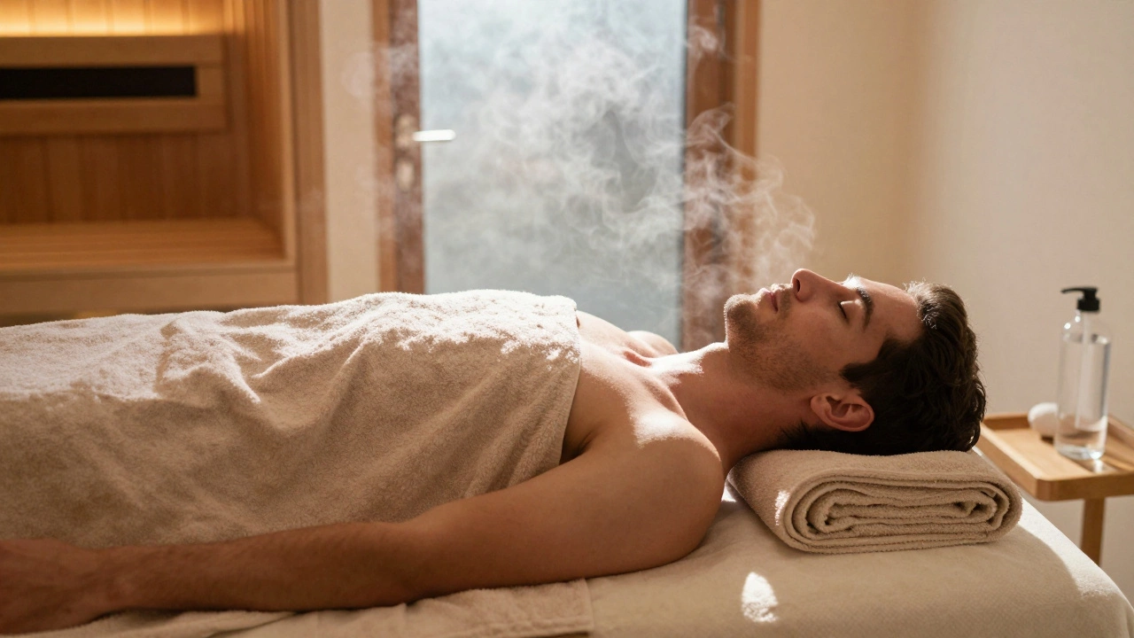 Мужчина отдыхает после массажа, накрытый полотенцем, рядом — вода и полотенце, тихая атмосфера восстановления.