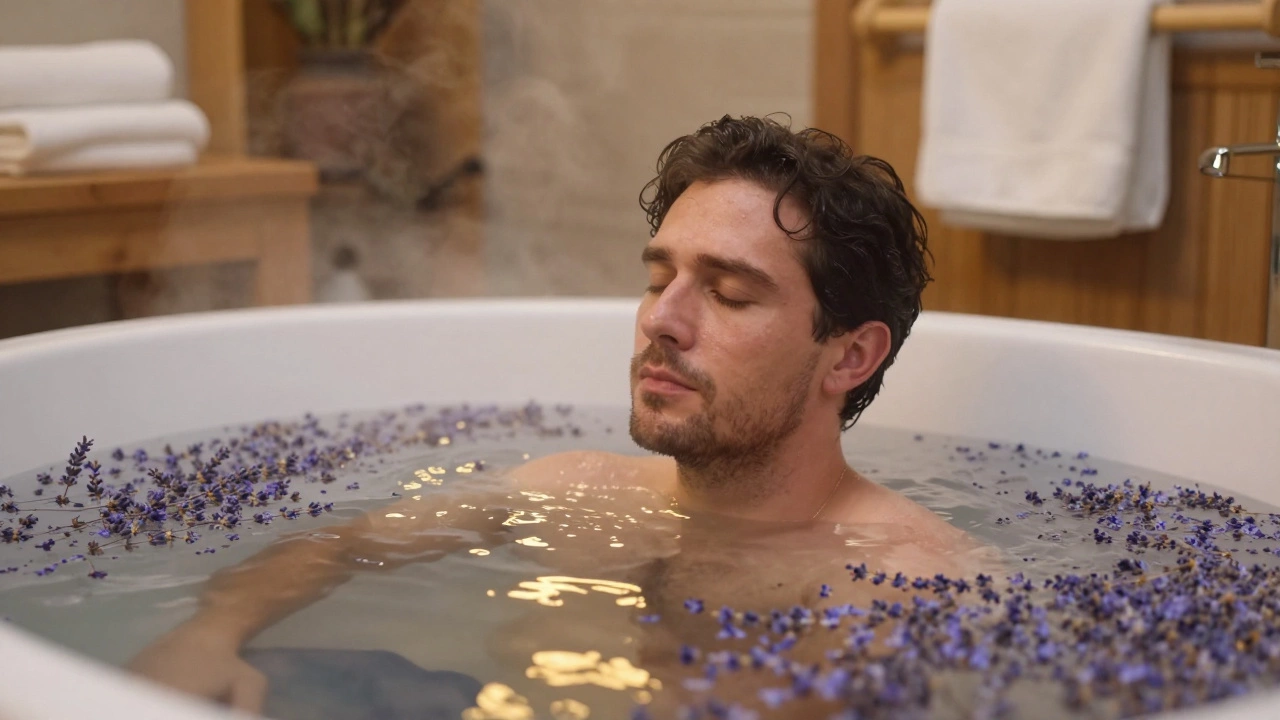 Мужчина принимает теплую ванну с лавандой для расслабления мышц