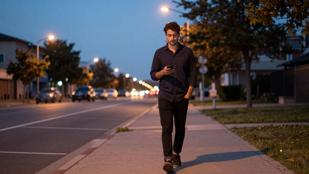 Мужчина спокойно гуляет вечером, не смотрит в телефон, чувствует землю под ногами.