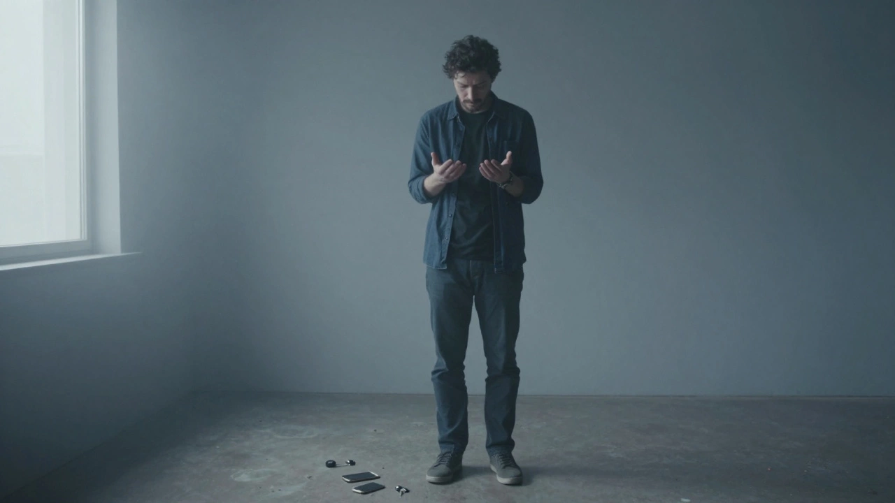 Мужчина стоит в пустой комнате, смотрит на руки, ключи и телефон лежат на полу, вокруг — туман.