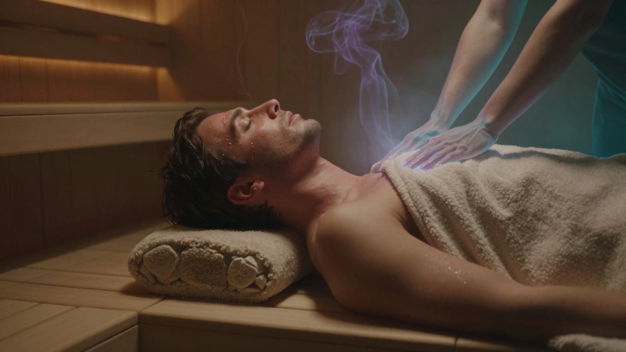 Мужчина в теплом пледе отдыхает после сауны, тихий интерьер, легкий пар и мягкий свет создают атмосферу умиротворения.