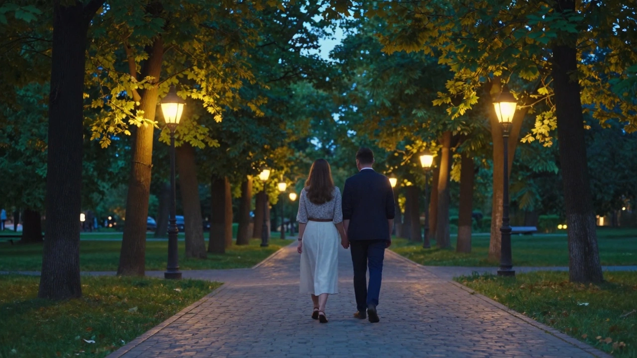 Пары прогуливаются по парку Сабантуя вечером с подсветкой деревьев