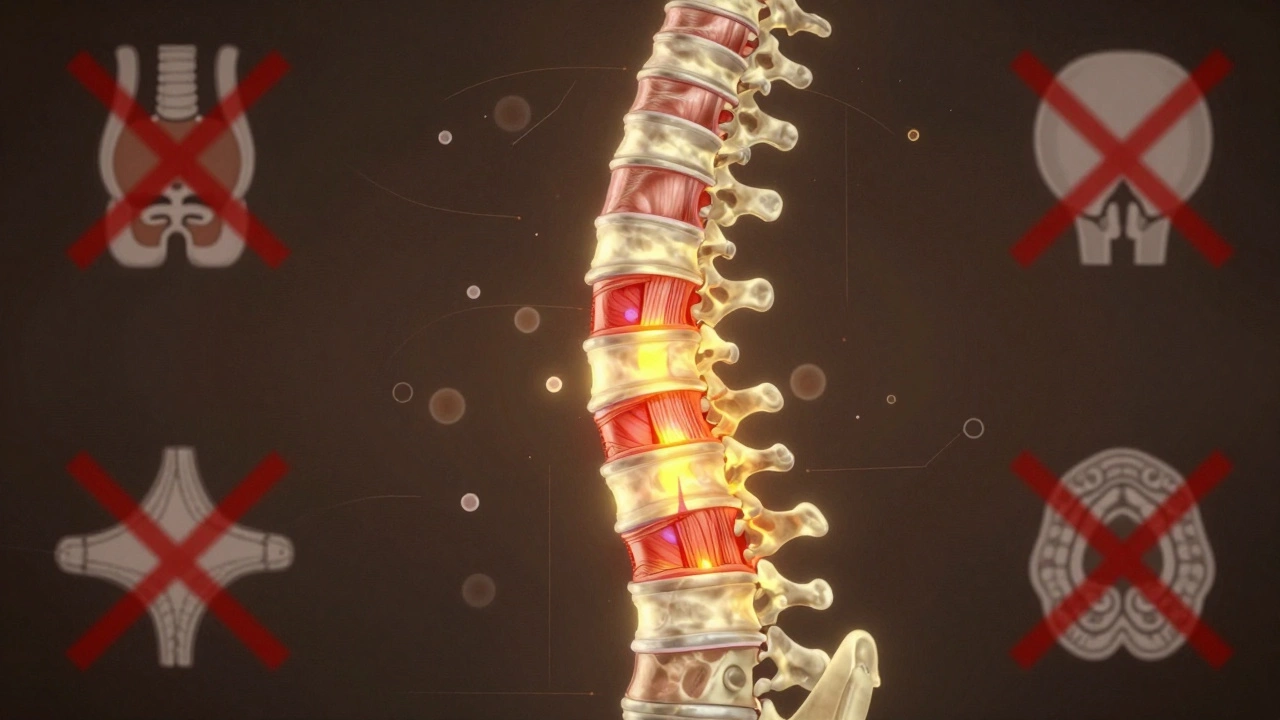 Прозрачное изображение позвоночника с инфракрасным теплом, перечеркнутые медицинские проблемы