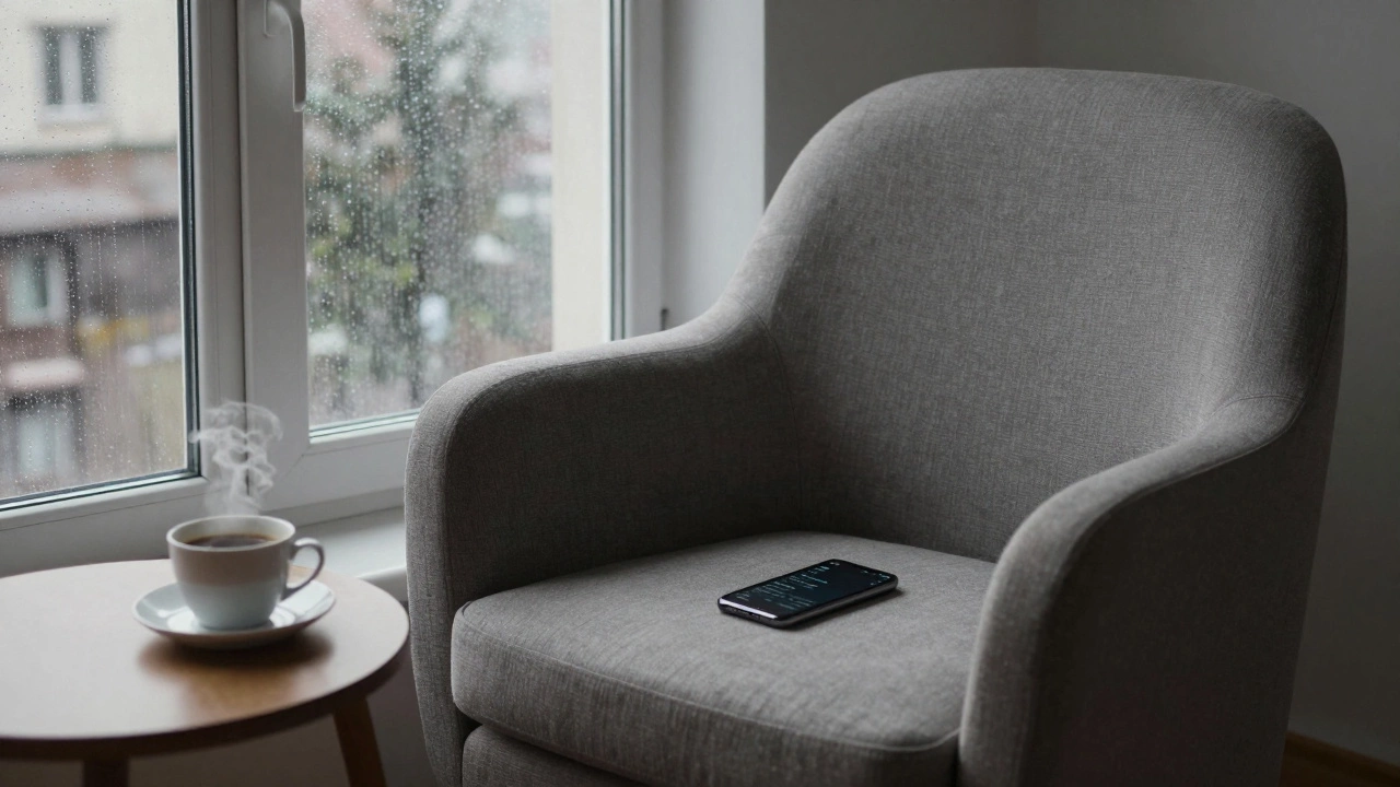 Пустое кресло с чашкой кофе и телефоном на подушке — тишина и спокойное ожидание в российском городе.