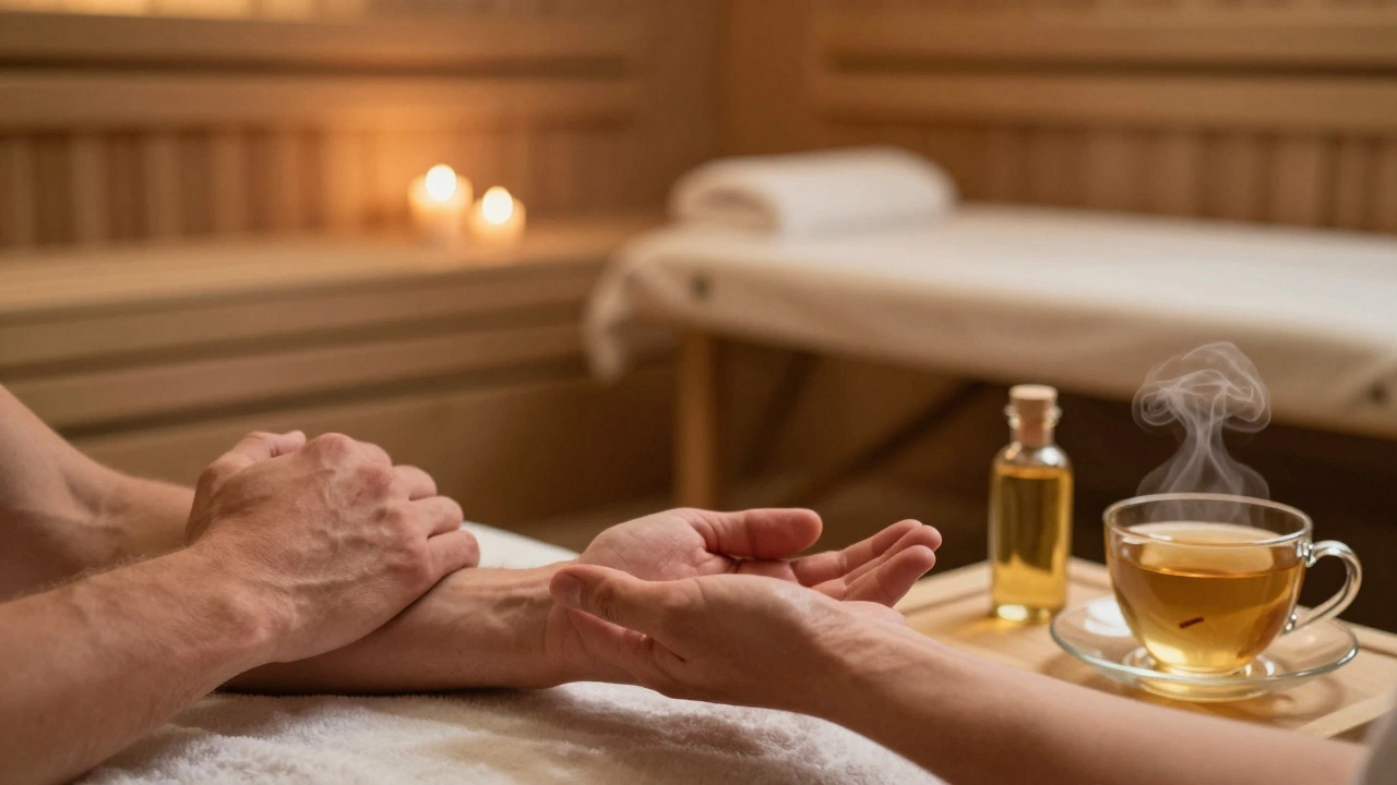 Рука мужчины на груди, ладонь открыта, символ сдачи напряжения — рядом чай и масло, тёплый свет и тишина.