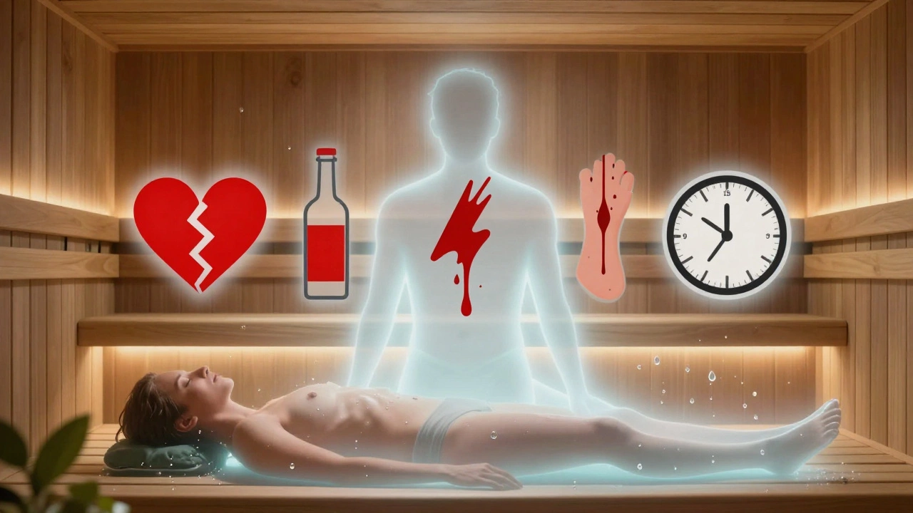 Силуэт человека в сауне с прозрачными предупреждающими символами: сердце, алкоголь, рана, таймер.