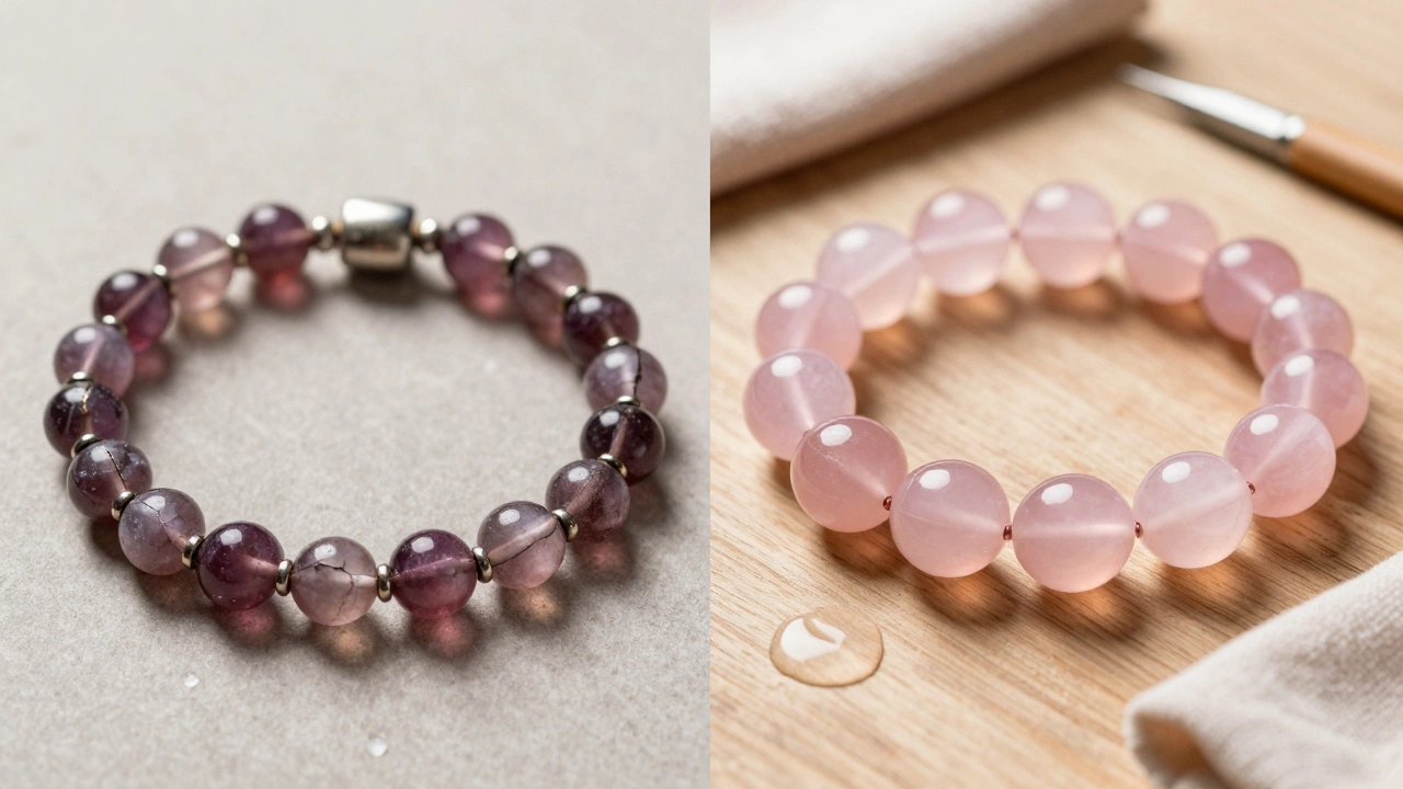 Сравнение потрепанного турмалина и сияющего розового кварца на деревянной поверхности с уходовыми инструментами.