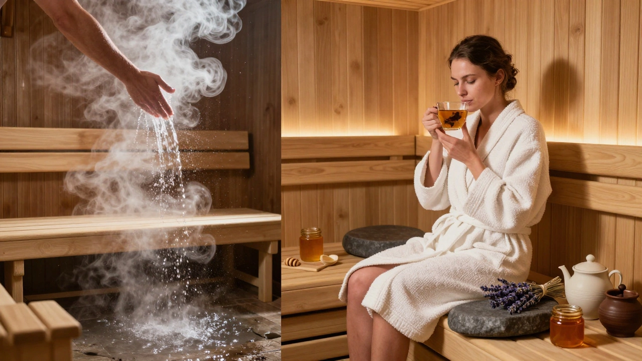 Сравнение русской бани и современной сауны: шум и пар против тишины и уюта с травяными ингредиентами.