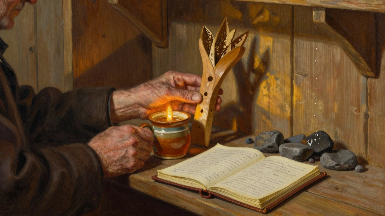 Старик кладет дубовый веник на полку рядом с кружкой медовухи, на столе блокнот с записями.
